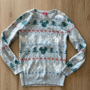 Disney Festive Gray Sweater with Green and Blue Accents